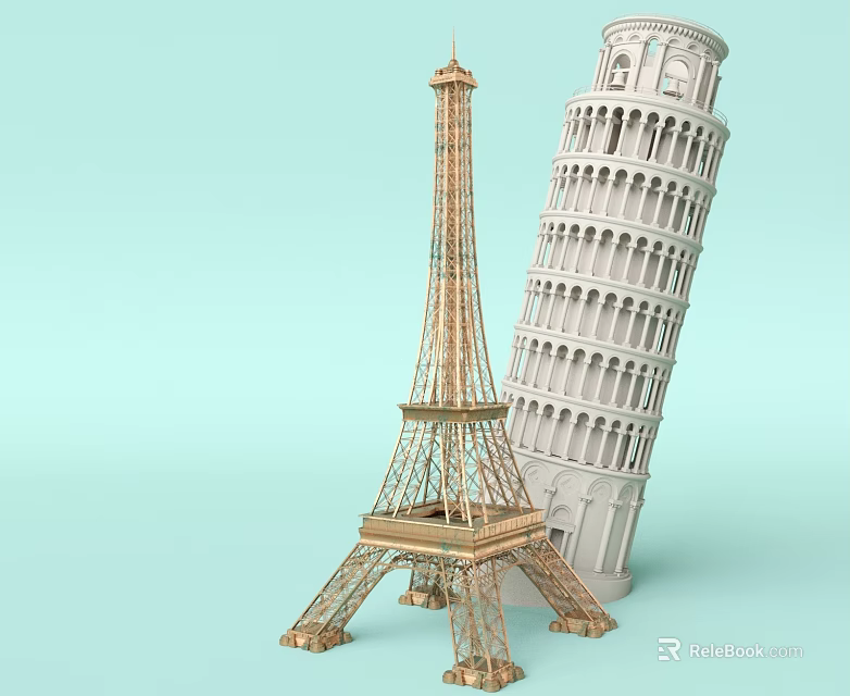 Decorative Models of Eiffel Tower and Leaning Tower of Pisa Landmarks 3d model 