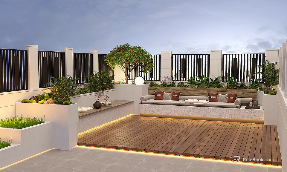 Roof Garden With Wooden Deck Seating Bench Green Plants And Ambient Lighting 3d model 