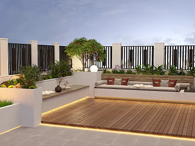 Roof Garden With Wooden Deck Seating Bench Green Plants And Ambient Lighting 3d model