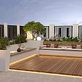 Roof Garden With Wooden Deck Seating Bench Green Plants And Ambient Lighting