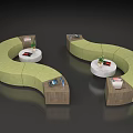 Modern Curved Green Sofa Interior With Round Tables Potted Plants And Display Units 3d model