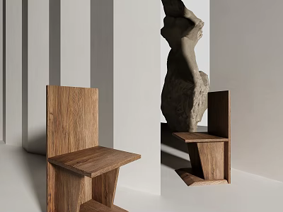 Modern Wooden Leisure Chair With Angular Geometric Structure In Minimalist Interior 3d model