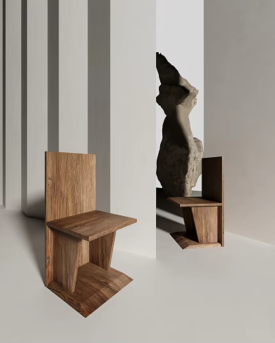 Modern Wooden Leisure Chair With Angular Geometric Structure In Minimalist Interior 3d model