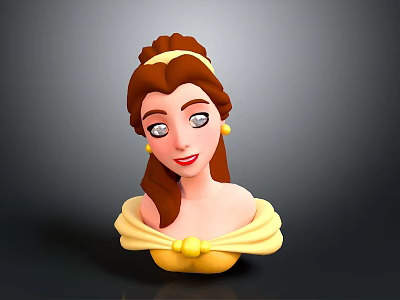 Cartoon Princess Bust With Brown Hair Yellow Headband Off Shoulder Yellow Top And Pearl Earrings 3d model