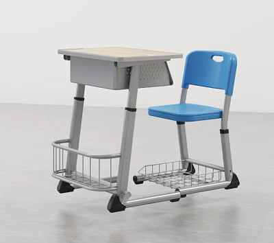 Classroom Student Desk With Gray Frame Blue Chair And Storage Basket 3d model
