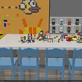 Kids Table With Blue Chairs Building Blocks Toys And Colorful Wall Decor