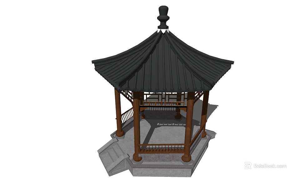 Traditional Chinese Pavilion With Black Tiled Roof And Wooden Pillars On Stone Platform 3d model 
