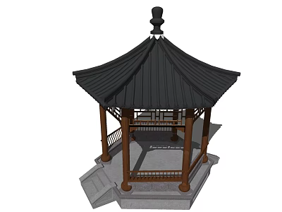 Traditional Chinese Pavilion With Black Tiled Roof And Wooden Pillars On Stone Platform 3d model