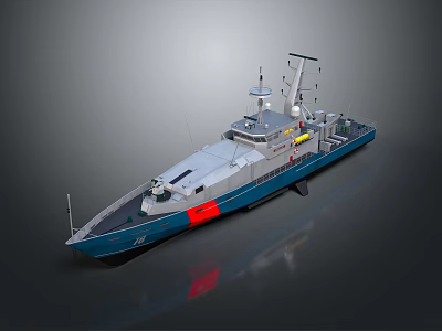 3D Model of Modern Naval Ship with Gray Blue Hull Red Marking and Antenna Superstructure 3d model