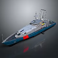 3D Model of Modern Naval Ship with Gray Blue Hull Red Marking and Antenna Superstructure