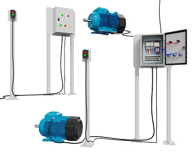 Industrial Equipment Components With Electric Motors Control Panels Indicator Lights Cables And Metal Stands 3d model