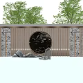 Elegant Scenic Wall Design With Circular Panel Wooden Slats And Stone Panels By Trees And Water