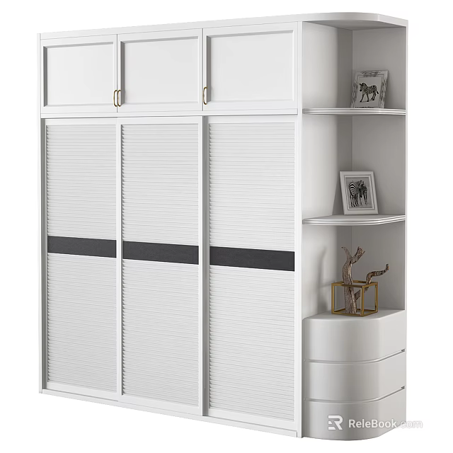 White Wardrobe with Sliding Louvered Doors Black Accent Strips Side Storage Shelves and Decorative Figurines 3d model 