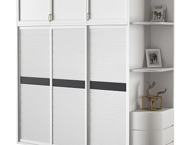 White Wardrobe with Sliding Louvered Doors Black Accent Strips Side Storage Shelves and Decorative Figurines 3d model