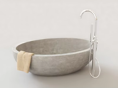 Gray Concrete Bathtub With Silver Faucet And Beige Towel On Edge 3d model