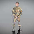 Man In Camouflage Military Uniform With Knee Pads And Combat Boots Standing