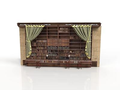 Traditional Wooden Bookshelf Display With Books Green Curtains Yellow Trim Stone Sides And Bench 3d model