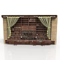 Traditional Wooden Bookshelf Display With Books Green Curtains Yellow Trim Stone Sides And Bench