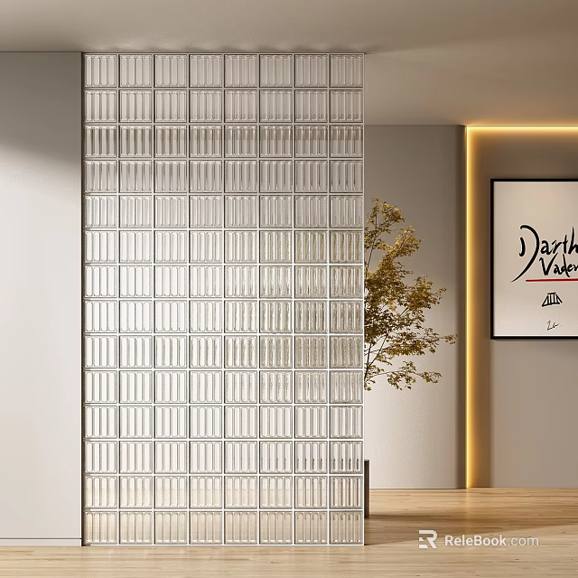 Transparent Glass Block Wall with Warm Yellow Light Strip Decorative Painting and Green Plant 3d model 