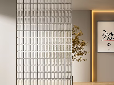 Transparent Glass Block Wall with Warm Yellow Light Strip Decorative Painting and Green Plant 3d model