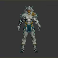 Man Dressed As Mythical Warrior With Teal White Feathered Armor And Muscular Body