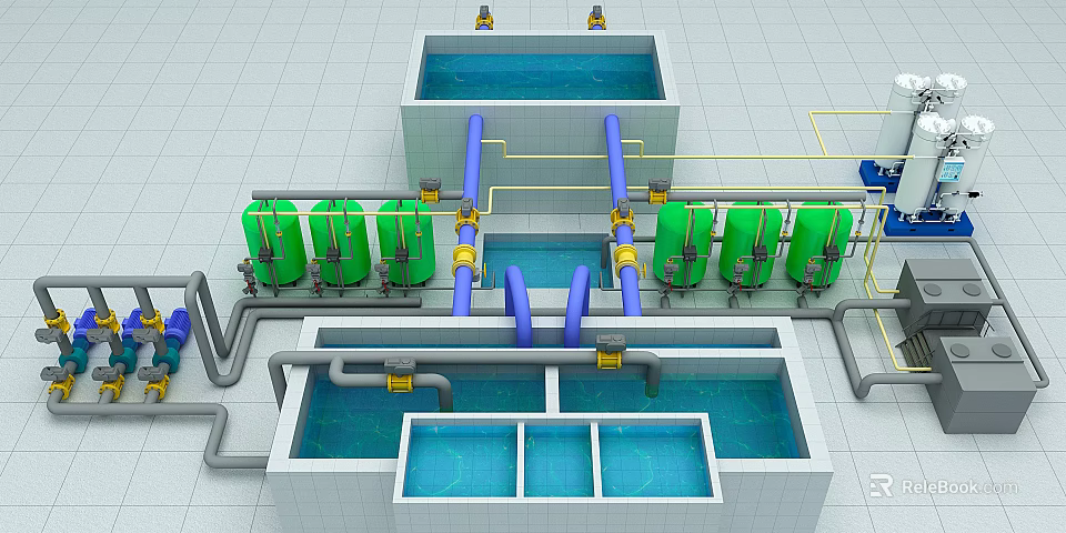 Industrial Water Treatment System With Multiple Pools Blue Pipes And Green Tanks 3d model 