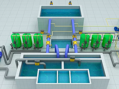 Industrial Water Treatment System With Multiple Pools Blue Pipes And Green Tanks 3d model