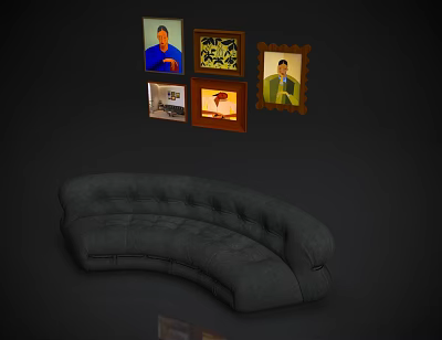 Elegant Gray Curved Tufted Sectional Sofa In Living Room With Hanging Framed Artworks 3d model