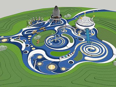 Colorful Amusement Equipment Design With Spiral Paths Circular Platforms And Blue Water Features 3d model