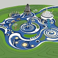 Colorful Amusement Equipment Design With Spiral Paths Circular Platforms And Blue Water Features