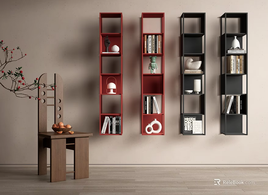 Modern Red And Black Bookcase Design With Open Shelves And Decorative Items 3d model 