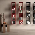 Modern Red And Black Bookcase Design With Open Shelves And Decorative Items