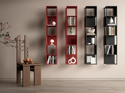 Modern Red And Black Bookcase Design With Open Shelves And Decorative Items 3d model