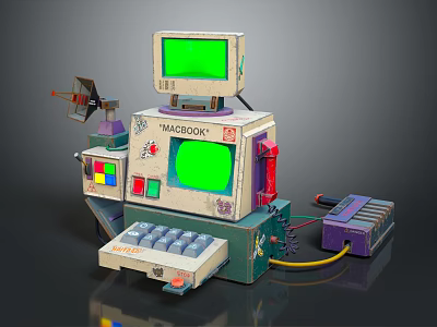 Vintage Computer With Green Screen MAGICBOOK And Connected Devices Like Keyboard Antenna 3d model