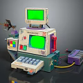 Vintage Computer With Green Screen MAGICBOOK And Connected Devices Like Keyboard Antenna