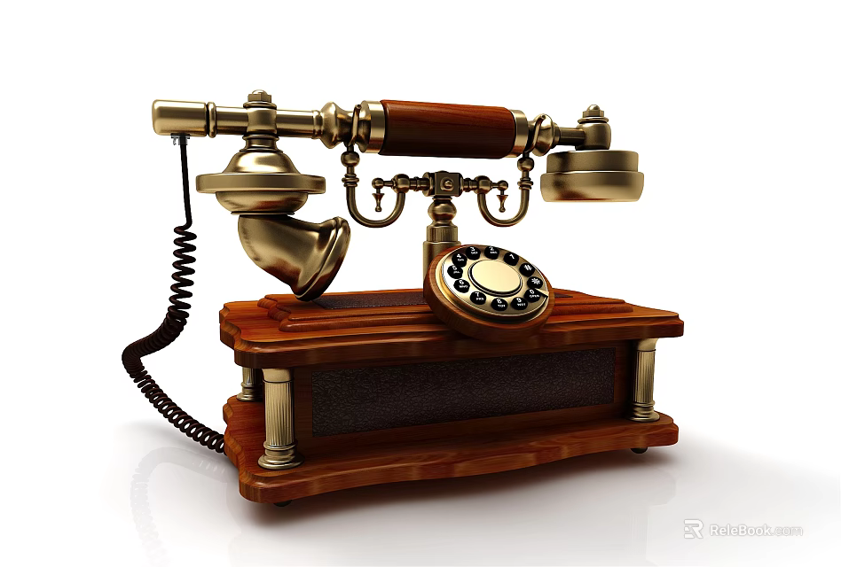 Vintage Retro Telephone With Wooden Base And Classic Rotary Dial Design 3d model 