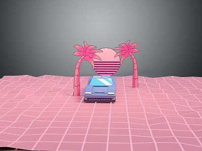 Blue Car Under Pink Palm Trees And Arch On Pink Grid Floor With Gray Background 3d model