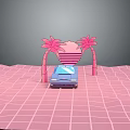 Blue Car Under Pink Palm Trees And Arch On Pink Grid Floor With Gray Background