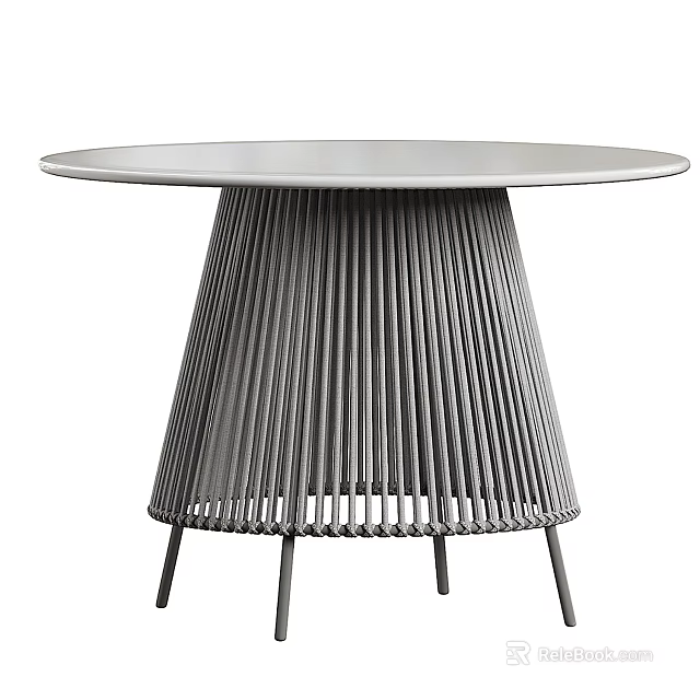 Modern Round Dining Table With Sleek Metal Top And Ribbed Pedestal Base Design 3d model 