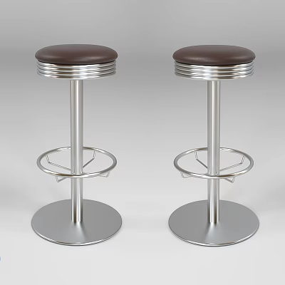 Pair Of Modern Bar Stools With Brown Upholstered Seat Silver Metal Frame And Round Base 3d model