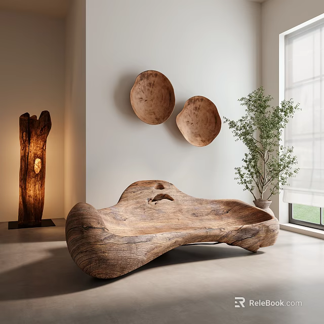 Irregular Shaped Wooden Sofa In Modern Interior With Decor Plates Floor Lamp And Green Plant 3d model 