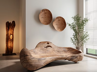 Irregular Shaped Wooden Sofa In Modern Interior With Decor Plates Floor Lamp And Green Plant 3d model