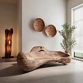 Irregular Shaped Wooden Sofa In Modern Interior With Decor Plates Floor Lamp And Green Plant