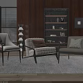 Modern Gray Fabric Accent Chairs With Plush Cushions Wooden Bookshelf Floor Lamp And Area Rug