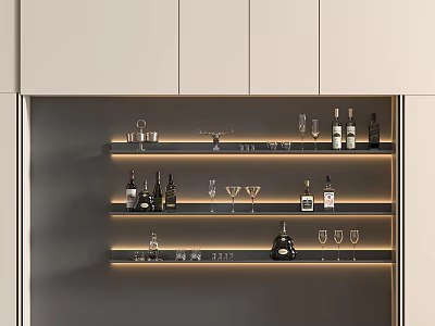 Modern Storage Shelf Design With Wine Bottles Wine Glasses And Built In Lighting 3d model