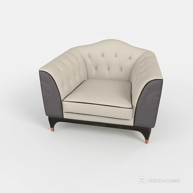 Beige Single Sofa With Tufted Backrest Armrests Dark Accent And Brass Legs 3d model