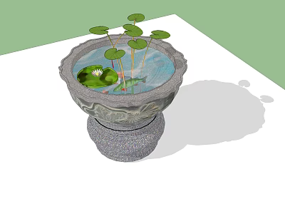 Decorative Stone Fish Tank with Lotus Leaves and Small Fish on White Countertop 3d model