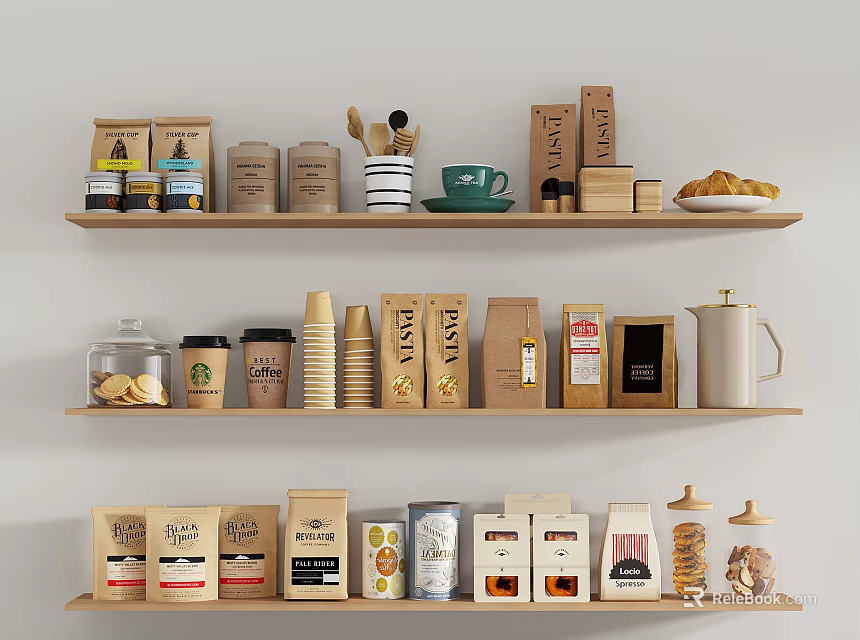 Organized Food Items On Wooden Shelves With Coffee Packages Cookies And Pastries 3d model 