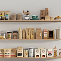 Organized Food Items On Wooden Shelves With Coffee Packages Cookies And Pastries