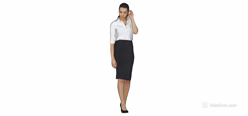 A woman standing in white shirt and striped skirt with hand on hair 3d model 